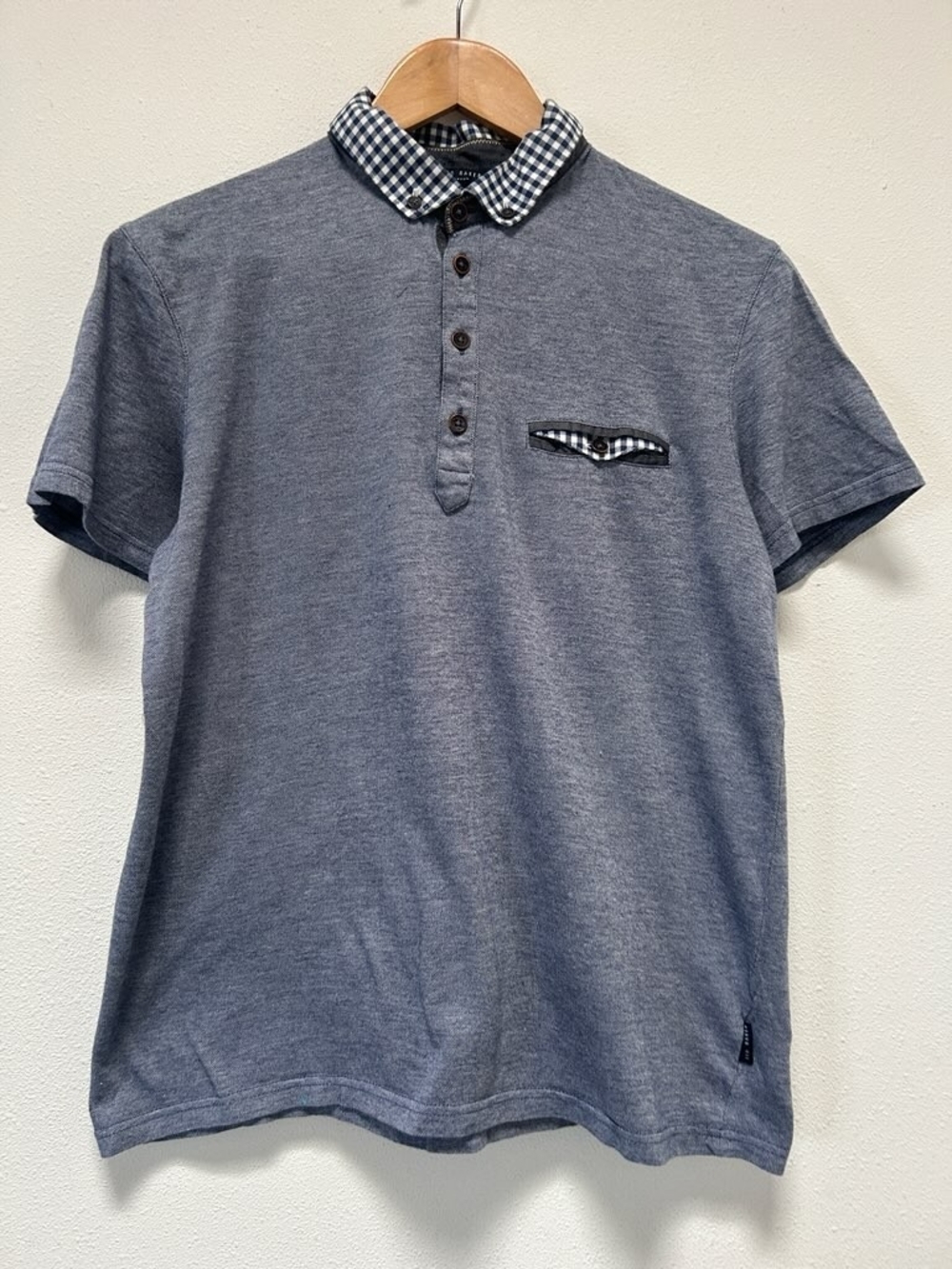 Ted Baker Heather Blue Short-Sleeve Polo with Checked Collar